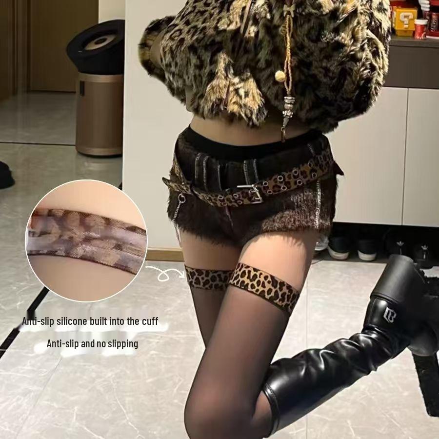 Medias de Seda Transparentes hasta la Rodilla Antideslizantes con Parches Estampado de Leopardo para Mujer - Medias Altas Negras de Verano Ultradelgadas