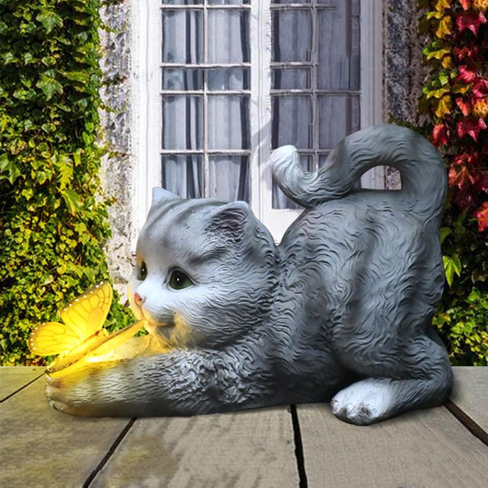 Cute Cat and Butterfly Figurine Housewarming Gift Cat Solar Garden Statue Solar Garden Statue Cat for Mom Grandma Lawn Ornament