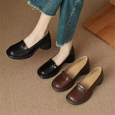 Autumn Soft Leather Round Head Thick Heel Single Shoes New Retro Style Medium Heel Small Leather Shoes Brown Medium Heel Shoes