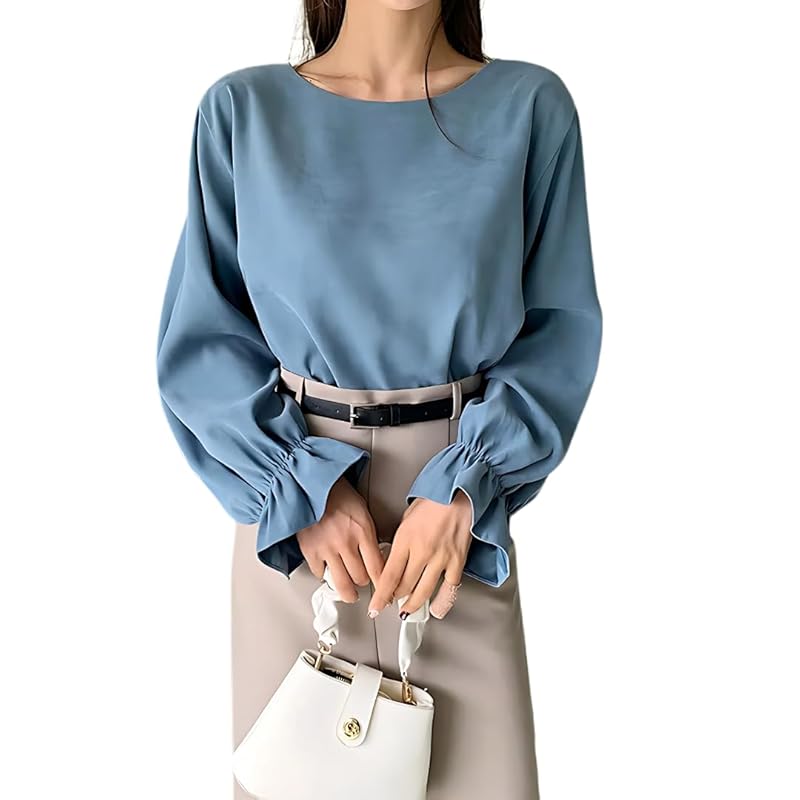 

[UQQA] puff sleeves blouse ladies simple spring long sleeve Elegant tunic boat neck Plain color atmosphere Going out commute trip South Korea