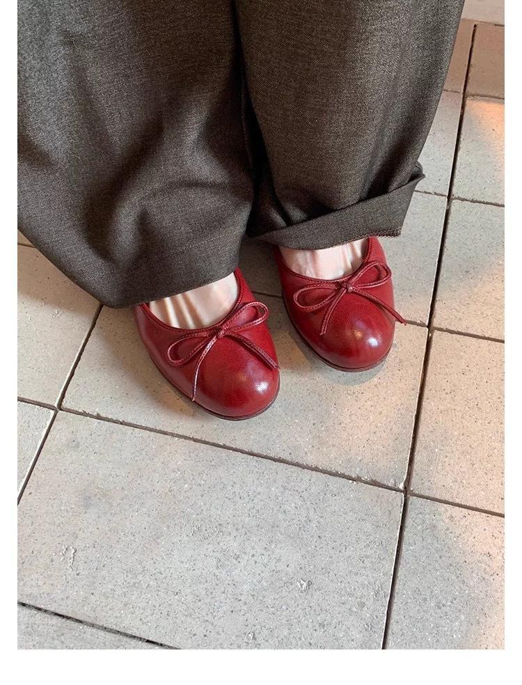Super soft French leather retro bow single shoes women's autumn new flat bottom shallow mouth ballet Mary Jane shoes