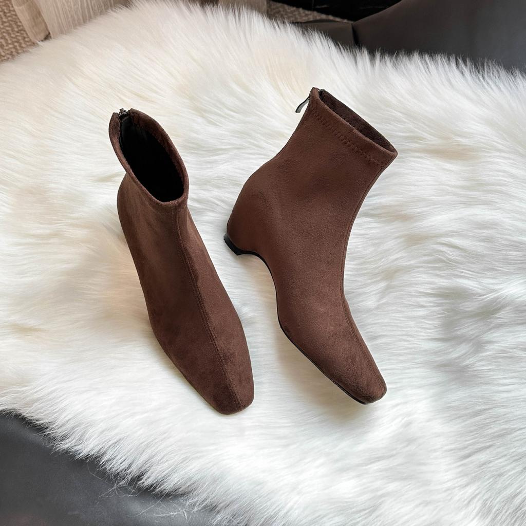7 Cm Height Increase, Versatile Square Head Thick Heel Short Boots, Autumn and Winter New Korean Rear Zipper Elastic Thin Boots
