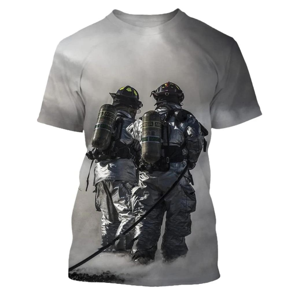 Summer Round Neck 3D Firefighter Print Top Fashionable Casual Short Sleeved Men's T-shirts