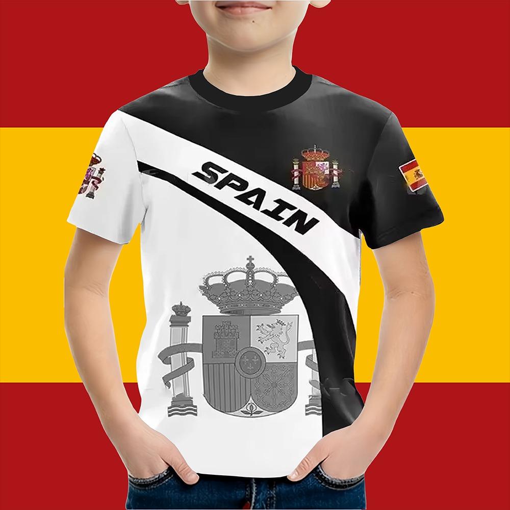 Boys Clothes Spanish Flag Graphic T-Shirt Vintage Casual Short Sleeved Kids Clothes 2-14Y Summer Outdoor Spanish Child Top Tee