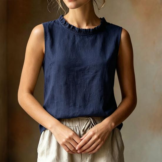 Damen Shirt Locker Geschnitten Ärmellos Rundhals Rüschenbesatz Lässige Oberteile Einfarbige Sommer Tanktops Tägliche Kleidung