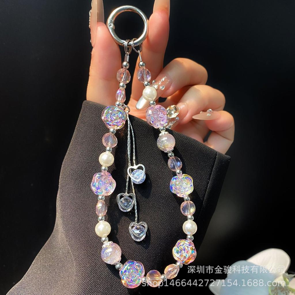 Wholesale Phone Chain Alloy Heart Zircon Tassel Hanging Chain Acrylic Rose Flower Wrist Beaded Phone Case Lanyard