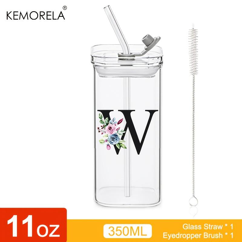 1 STÜCK 24 Buchstabenförmige Glastrinkbecher mit Deckel und Strohhalm Kaffeebecher 300ML Klarer quadratischer Trinkbecher für Kaffee Bier Milch