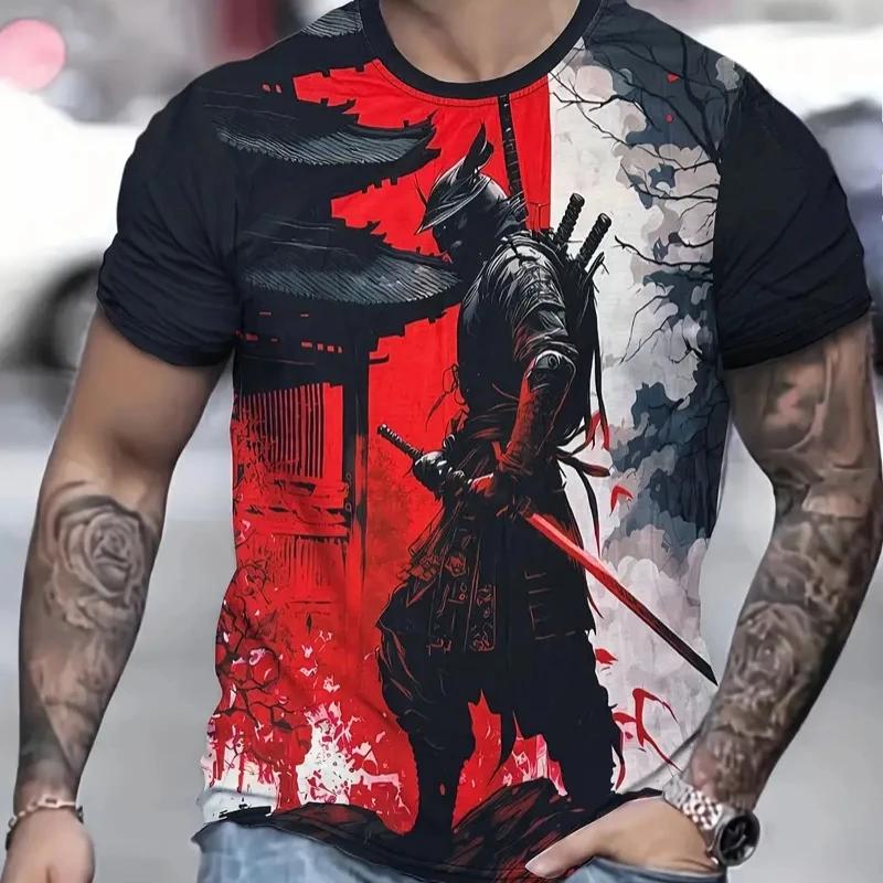 Japanese Anime Samurai 3D Printed T-shirt Men's Trendy Harajuku Fashion Short Sleeved Top Outdoor Comfortable Casual Loose Round Neck Clothing