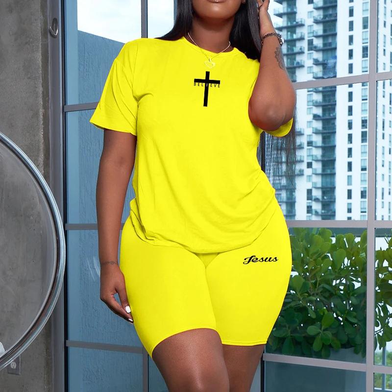 Summer Two Piece Set Casual Woman Clothing for Women T-Shirts O-Neck Shorts Daily Short Sleeve Tracksuit