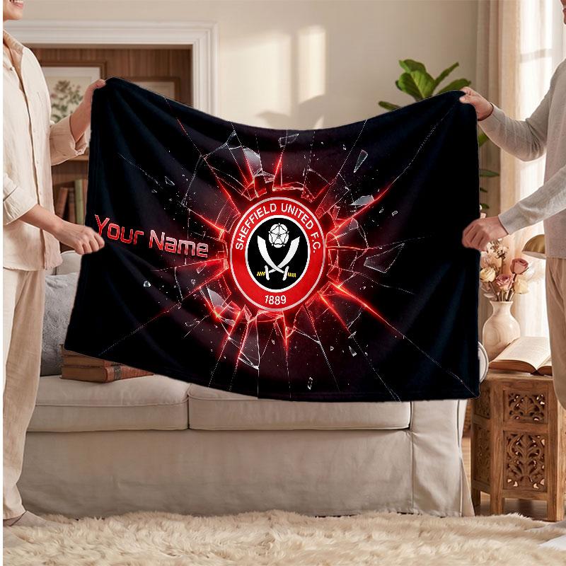 Sheffield United FC Personalized Fleece Blanket With Football Logo, Custom Name Text Soft Warm Home Throw Blanket