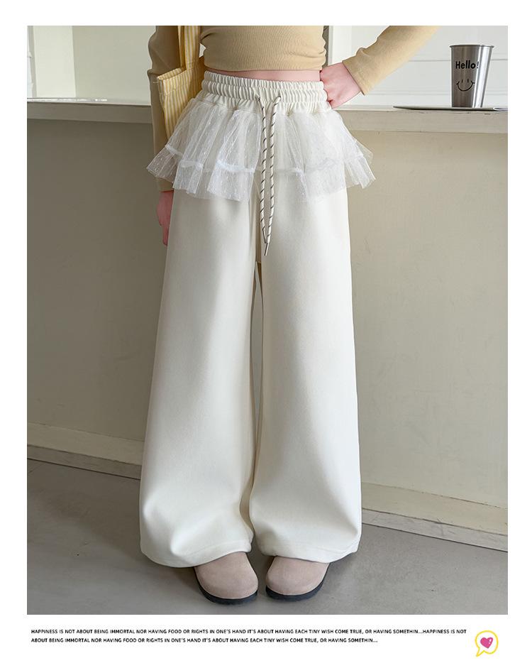 Girls' Spring 2025 Casual Sweatpants: New Style Mesh-Spliced Wide Leg Sports Pants for Kids