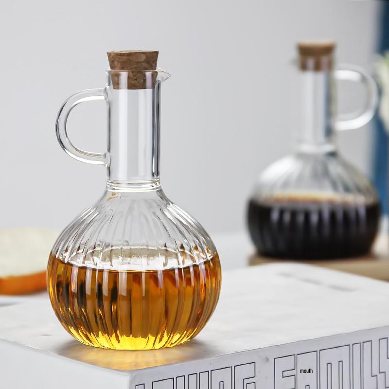 Heat-Resistant Borosilicate Glass Oil Bottle with Cork, Striped Design for Soy Sauce & Vinegar.