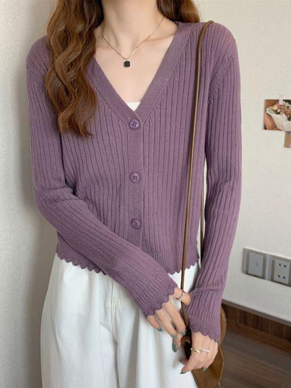 Women's Slim Fit Rib-Knit V-Neck Cardigan – Autumn Long-Sleeve Outerwear
