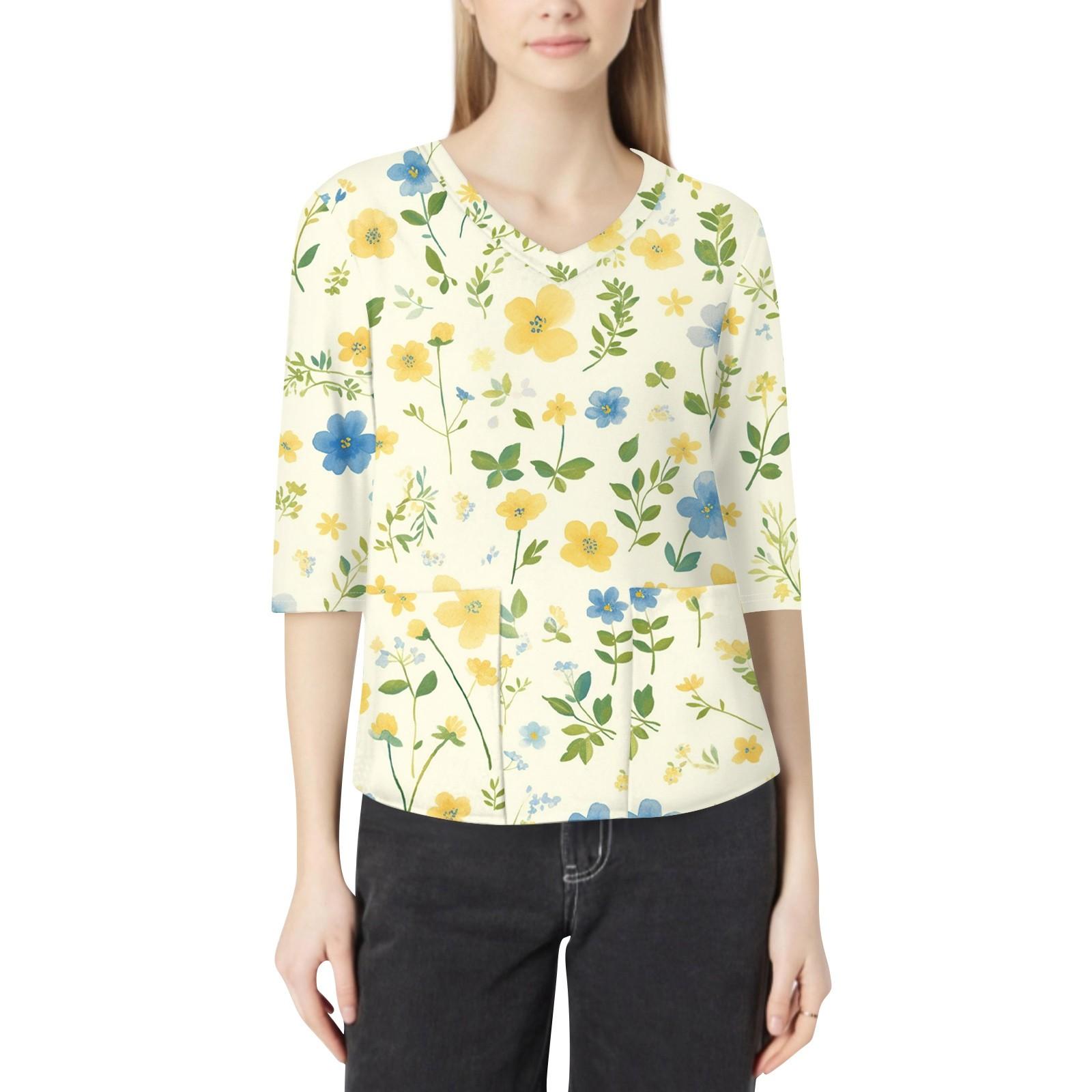 

Модная женская рабочая одежда с v-образным вырезом и рукавами 3/4, свободные топы с карманами и принтом L бежевый