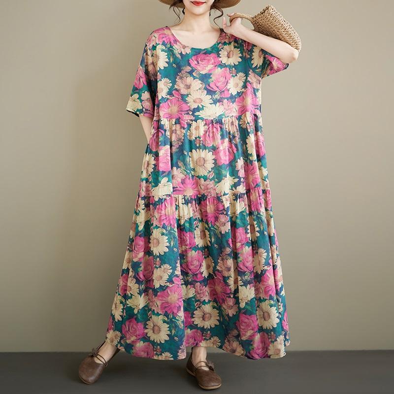 Short Sleeve Plus Size Vintage Floral New In Dresses for Women Casual Loose Long Summer Dress