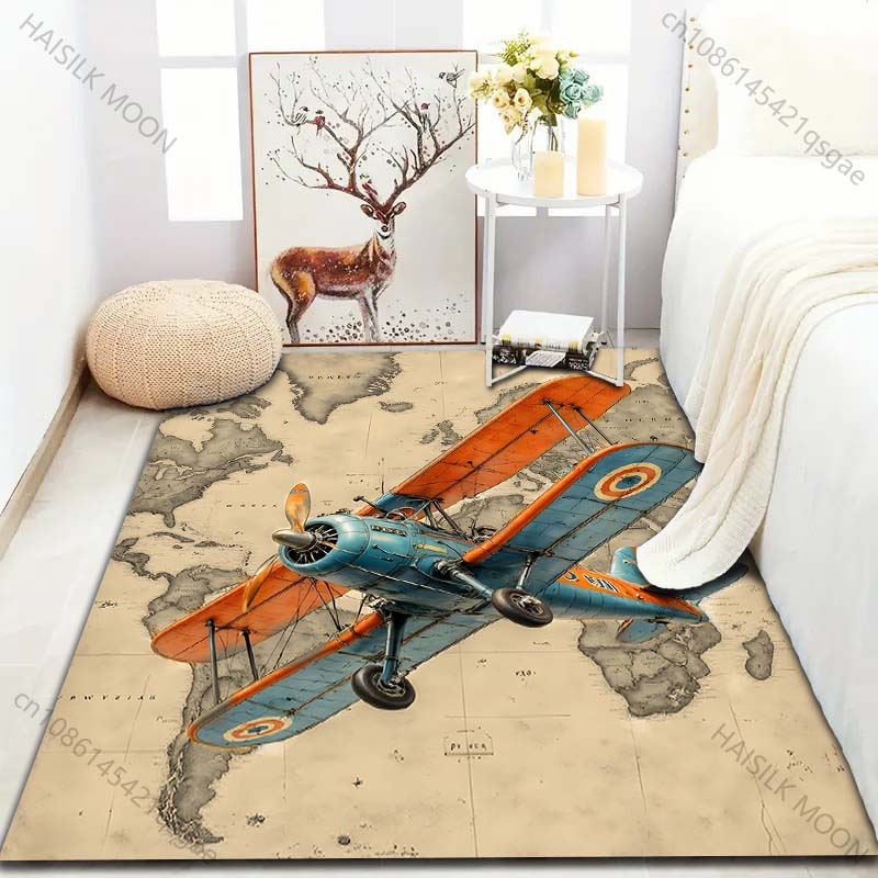 Retro Airplane and Map Pattern Carpet for Bedroom Living Room Bedside Sofa Floor Mat Modern Home Decor Area Rug Large Size