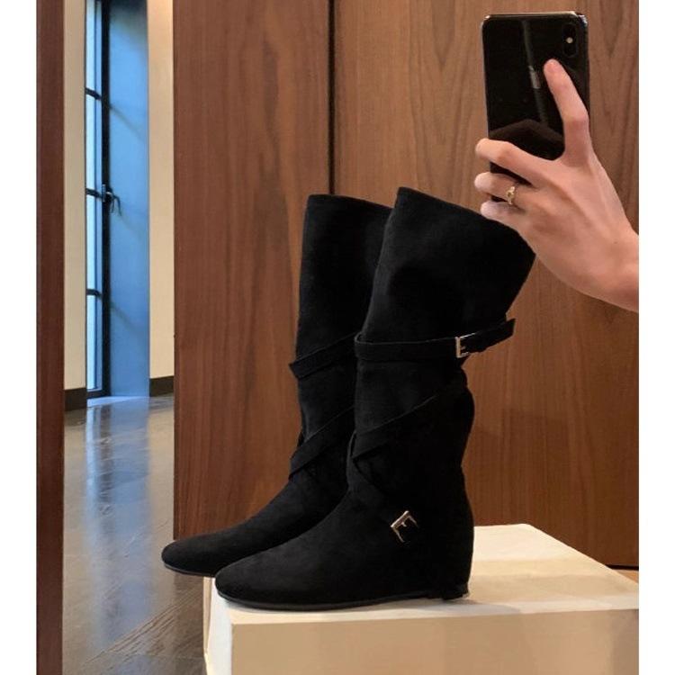 Leather Version~ Retro Suede Crossed with Flat Bottom Pleated Stacking Boots Women's Big Tube Circumference Thin Inner Height Increase Medium