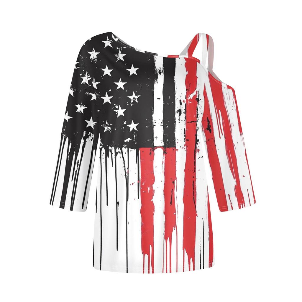 Women's Fashion Casual Independence Day Print Sexy Cold Shoulder 3/4 Sleeve T-shirt Top