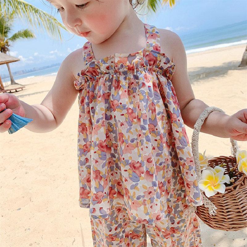 MAITA Summer New Girls' Set Flower Strap Top and Crop Pants