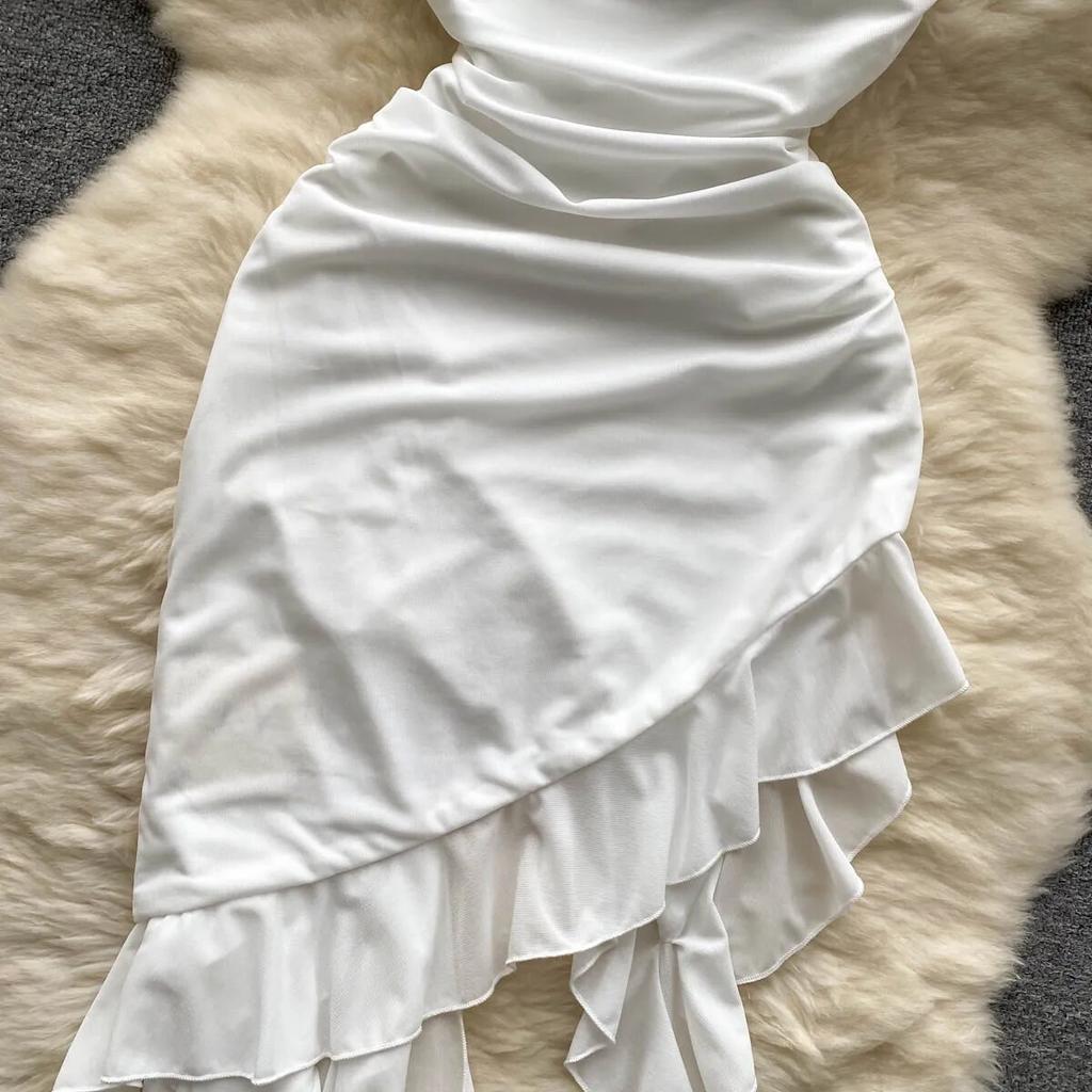 Elegante Sexy Backless Hohe Taille Rüschen Liebsten Split Kleid Fee Sommer Strand Urlaub Vestidos Schlanke Frauen Party Mini Kleid