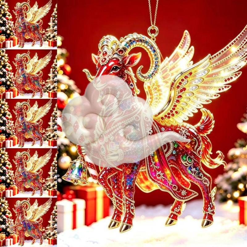 2D flaches Acryl-Weihnachtsornament, rot und gold chinesisches Tierkreiszeichen Schaf Weihnachtsbaumdekoration, Neujahrsauto-Ornament