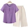 Tencel Linen Embroidered Short Sleeve T-shirt & Pants Set for Women