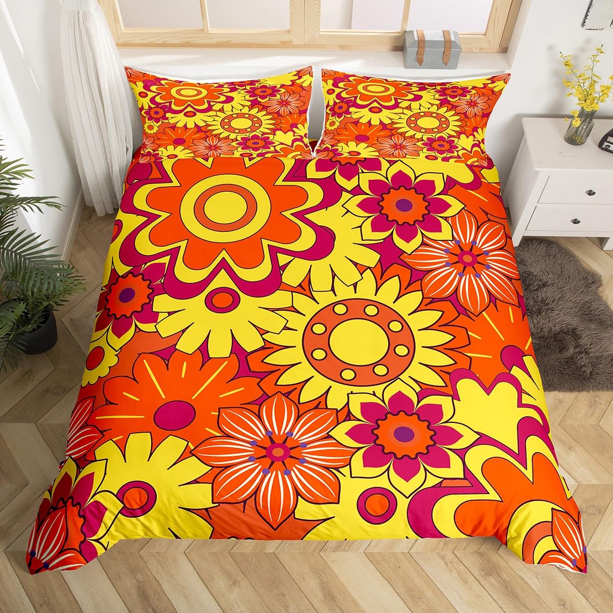 

Groovy Comforter Cover Queen Retro Hippie Flower Bedding Set Aesthetic Psychedelic Floral Duvet Cover Boho Botanical Quilt Cover EU Single(135x200cm)