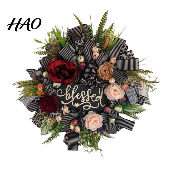 Harvest Seasonal Garland Fall Leopard Print Wreath for Front Door, Artificial Floral with Home Accents Blessed Sign, Faux Peony Flower Wall
