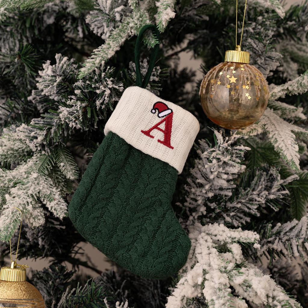 Haobei Green Knitted Christmas Stocking with Embroidered Lettering – Woolen Gift Bag Décor