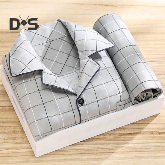 2Pcs/Set Men Pajamas Set Plaid Print Lapel Long Sleeve Single Breasted Shirt Elastic Waist Long Pants Set Loose Fit Loungewear Suit