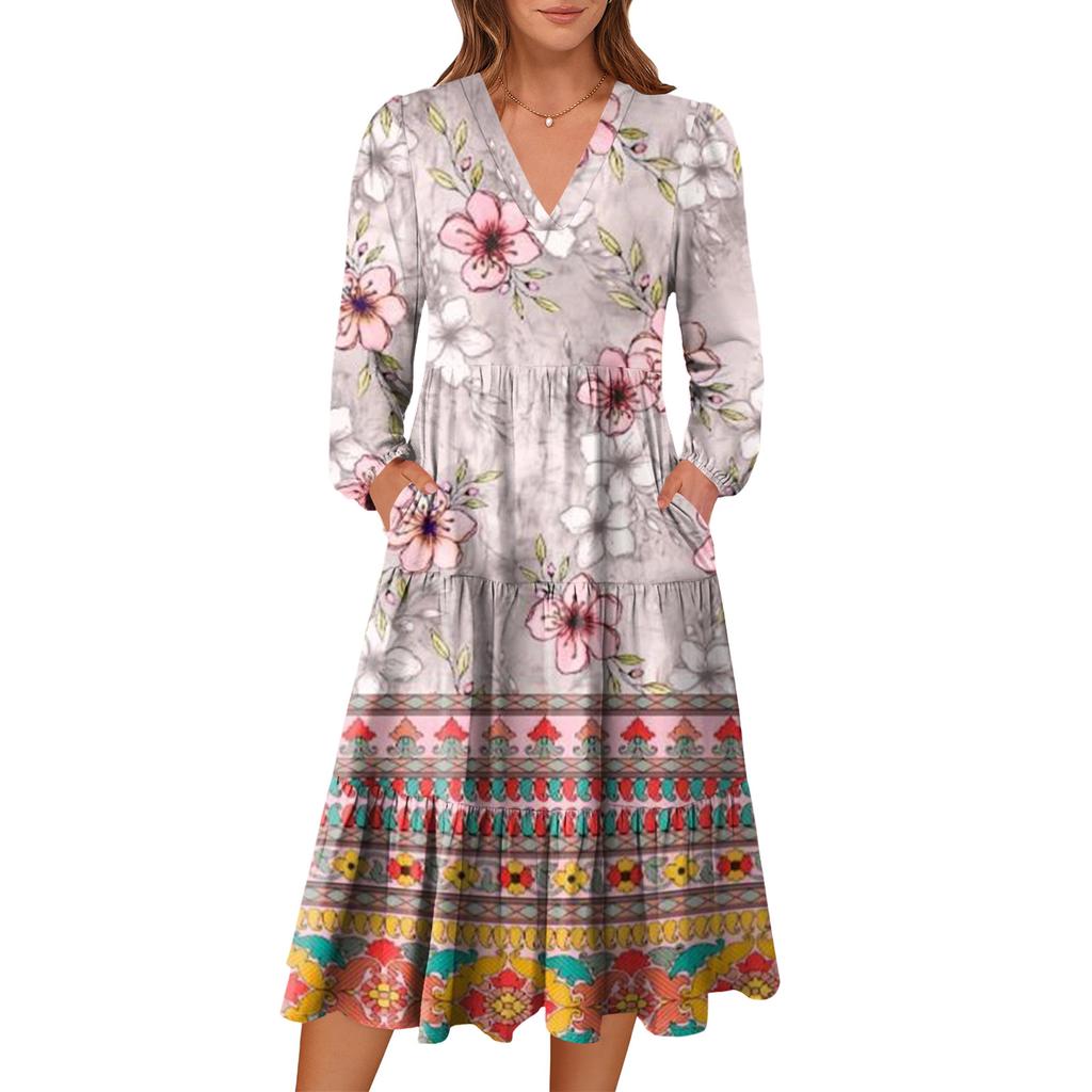 Damen V-Ausschnitt Fließendes Bohemian Langarm Blumenprint Kleid