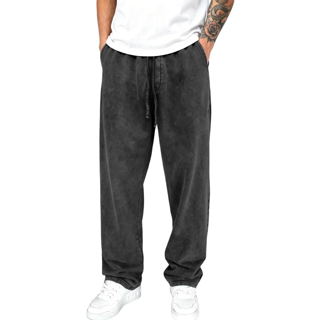 Men's Washed Knit Casual Pants Drawstring Waist Pockets Relaxed Fit Jogger Sweatpants for Everyday Wear