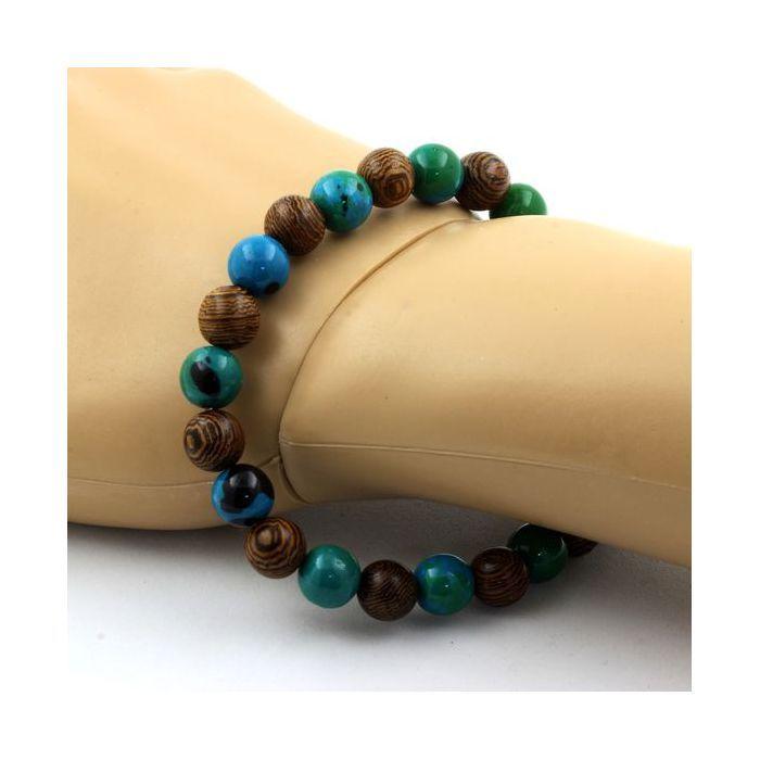 Bracelet - ABIJOUX - Chrysocolla + Wood - 8 Mm - Length 19-20 Cm - Mixed