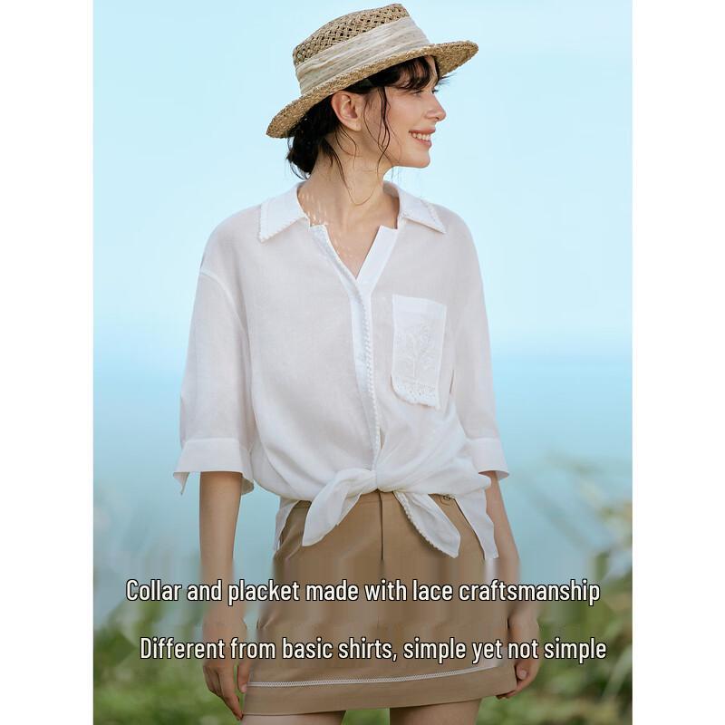 ELLE Women's Embroidered Tencel Blend Relaxed Shirt