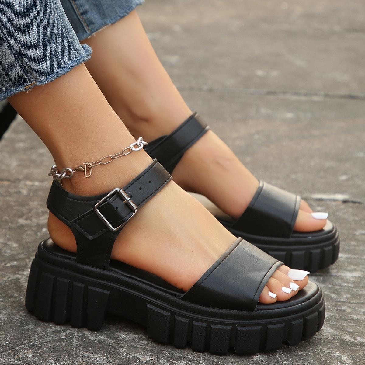 

2025 summer new Matsumoto heel cake platform sandals women s one-word buckle belt comfortable and versatile casual open-toed sandals women 43 чорний