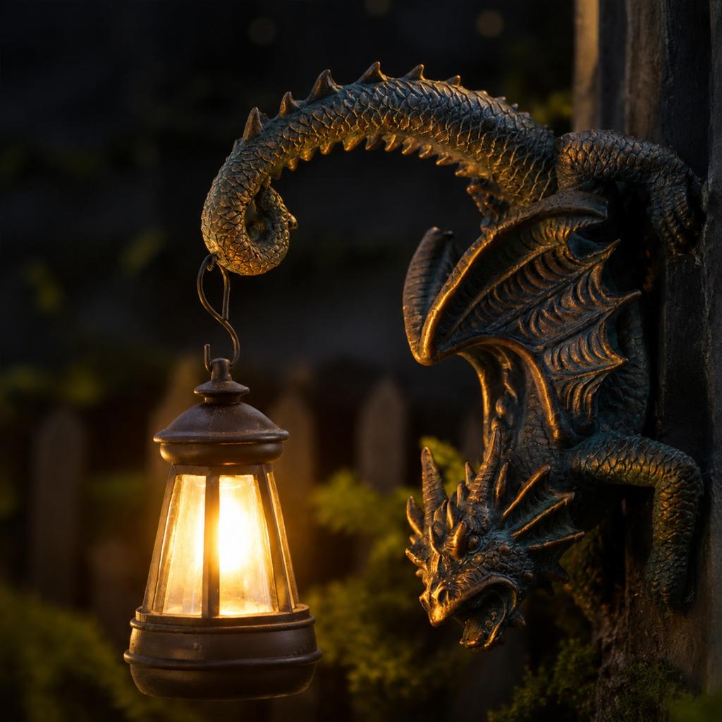 Solar Powered Dragon Wall Lantern Resin Sculpture Outdoor Garden Decorative Lighting Fixture for Patio Porch Yard Home Office