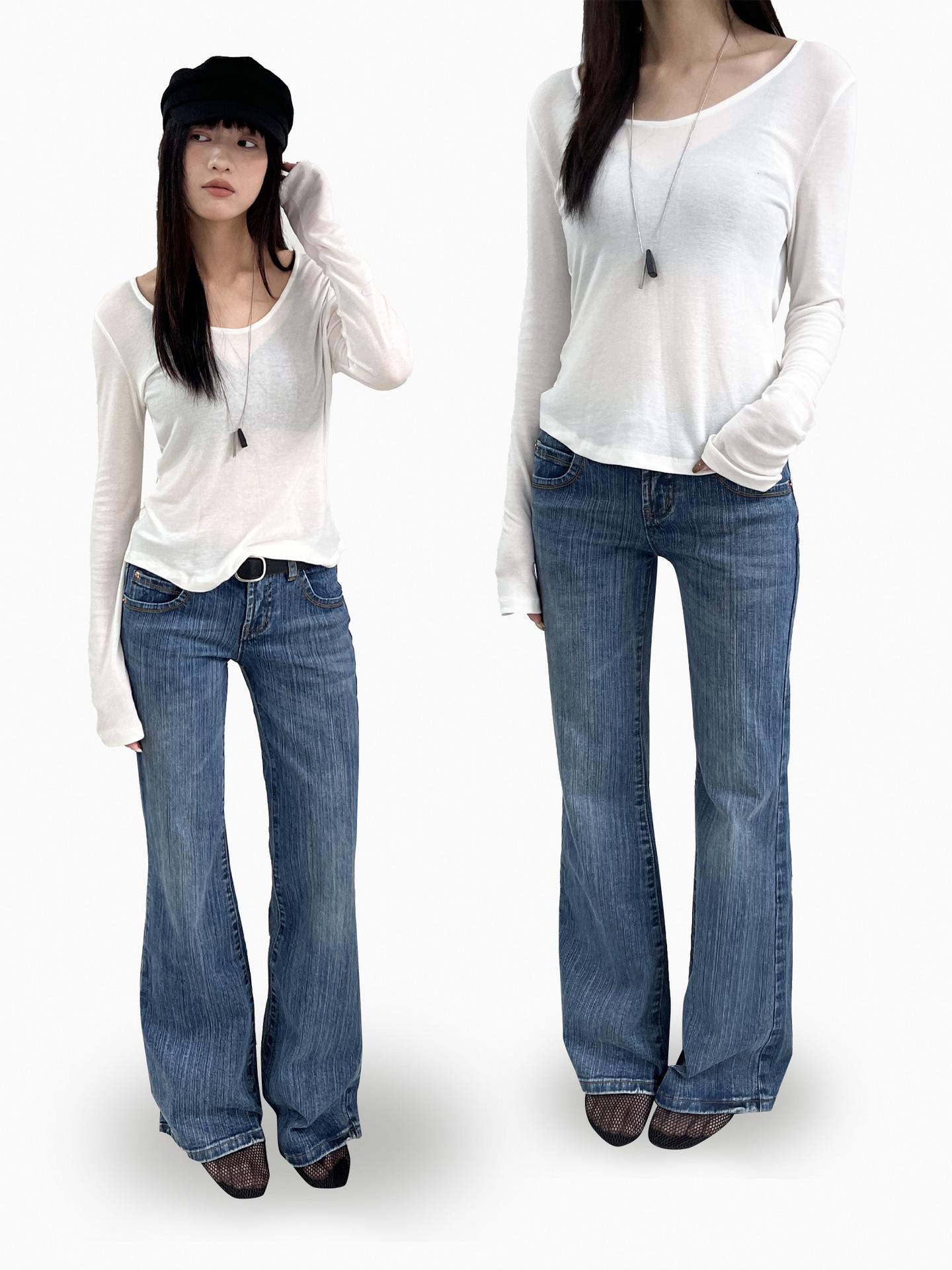 Yuyi 2026 Spring Retro Low-Waist Micro-Flare Textured Women s Jeans CX8888 S