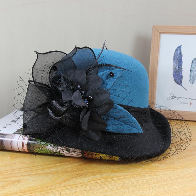 Woolen Hat Women'S Autumn And Winter British Retro Versatile Basin Hat Hepburn Mesh Flower Crimped Top Hat