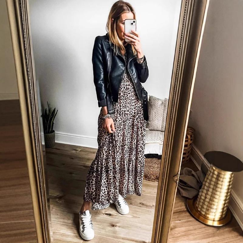 Abito lungo da donna con scollo a V e bottoni, con stampa leopardata, primavera e autunno