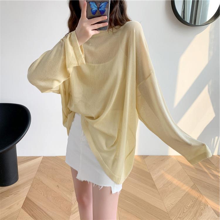 

Летний корейский стиль тонкий ледяной шелк однотонный длинный рукав одежда для защиты от солнца свободный базовый слой вязаный топ женская одежда 2XL