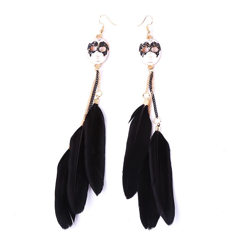 European  American Stylish Tassel Feather Mask Earrings Studs