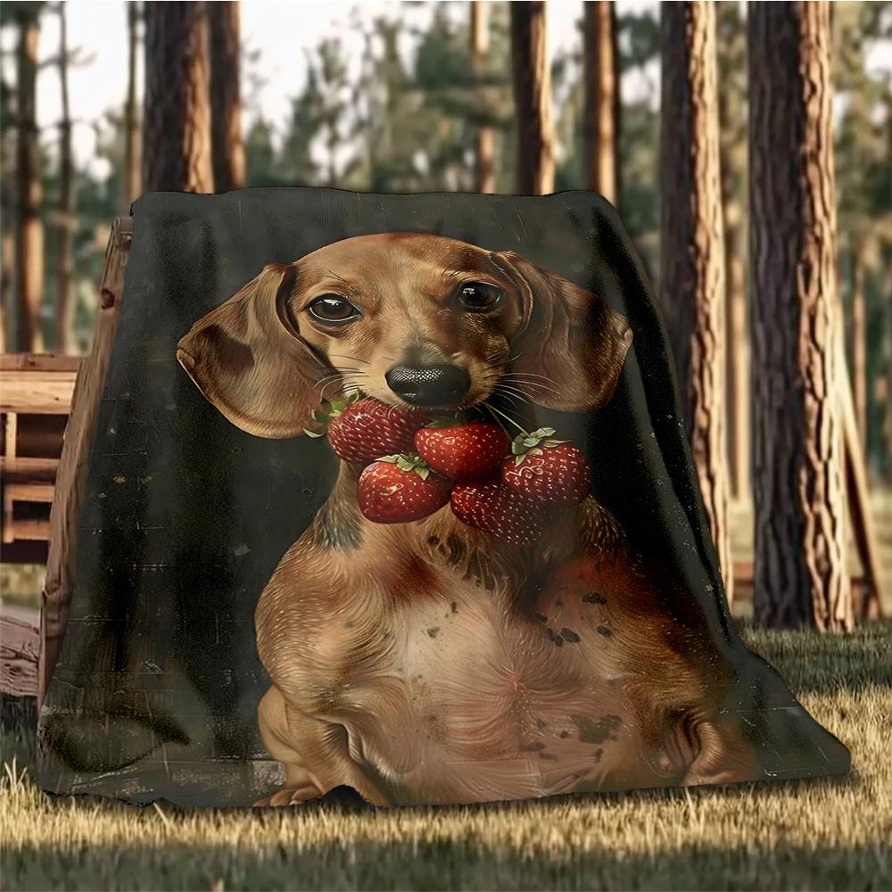 1pc Dachshund Strawberry Outdoor Soft Polyester Flannel Throw Blanket Versatile for All Seasons , Soft , Cozy , Warm All Season Quilted Throw ,