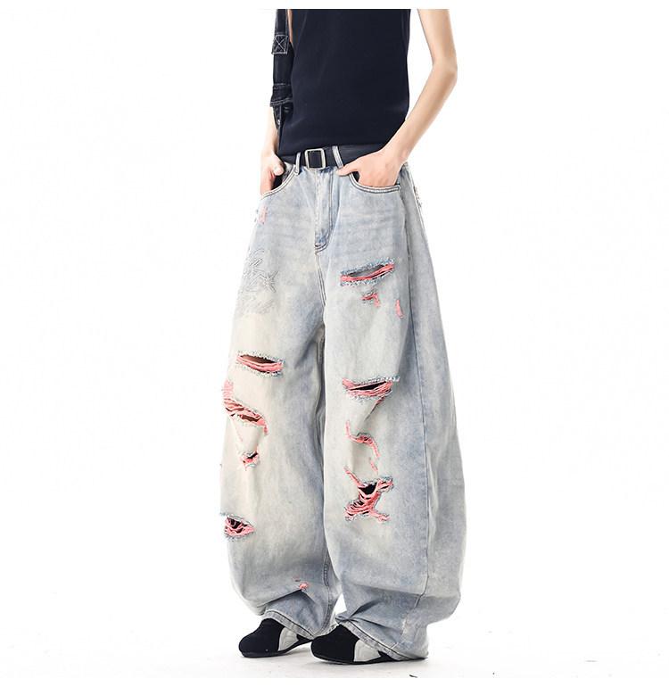 American Retro Pink Ripped Washed Jeans Men's and Women's Summer Thin Wide-leg Pants Loose and Versatile Scimitar Trousers
