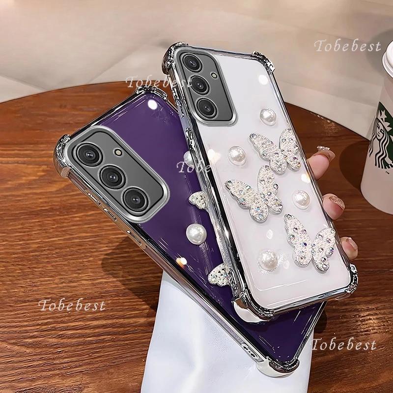 Custodia 3D Placcata Antiurto con Farfalla di Perle per Samsung Galaxy A04 A04S A04E A03 A03S A02 A02S A20 A30 A50 A70 A10S A20S Cover