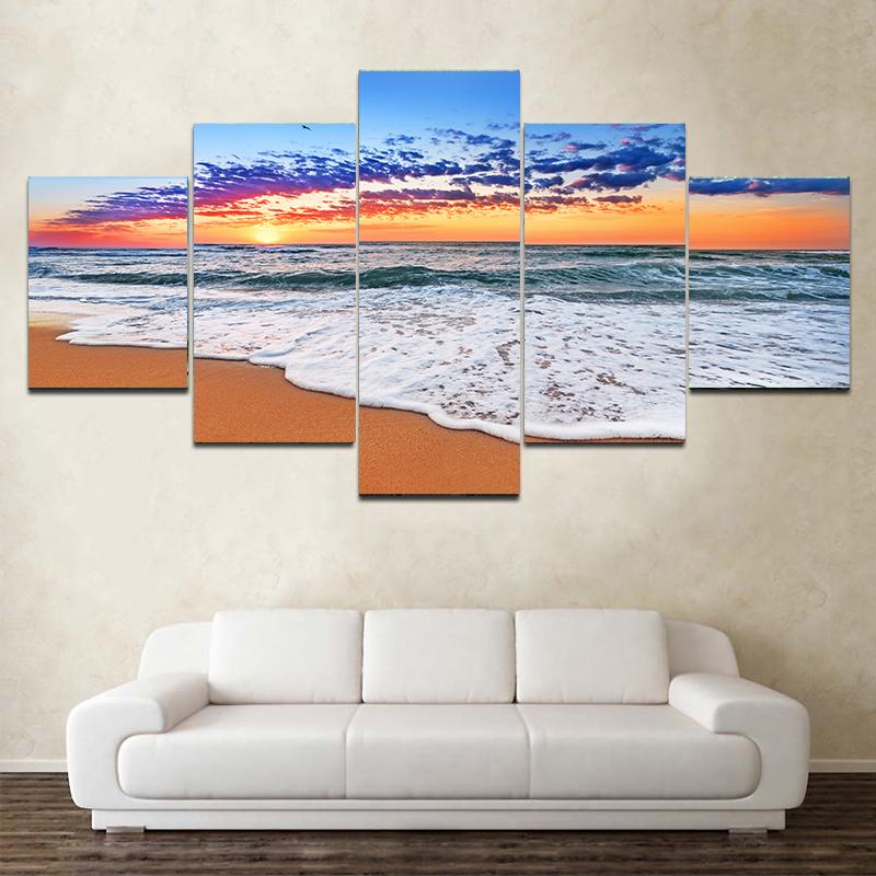 5 Pieces Natural Blue Beach Sunset Landscape Canvas Painting Seascape Posters And Prints Wall Art Pictures Home Decor No Frame
