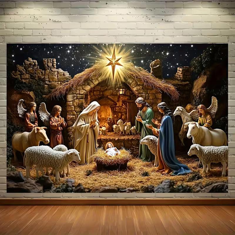 2D Nativity Scene Photography Backdrop Holy Family with Angels and Animals