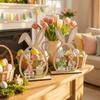 2Pcs Hand-Painted Easter Bunny Ornament Flower Farmhouse Rustic Wooden Easter Rabbit DIY Bunny Desktop Decorative Indoor Home