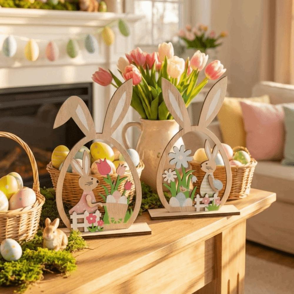 2Pcs Hand-Painted Easter Bunny Ornament Flower Farmhouse Rustic Wooden Easter Rabbit DIY Bunny Desktop Decorative Indoor Home