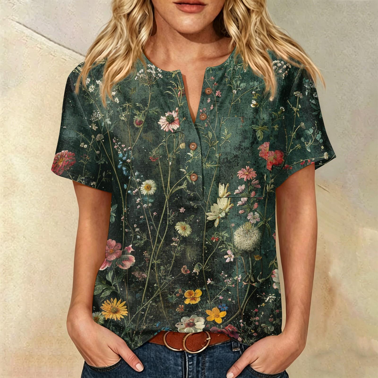 

Women’s Casual Short Sleeve Cotton Linen Shirt with Floral Print Henley Button Neck and Front Pocket Loose Fit Top XL зелёный