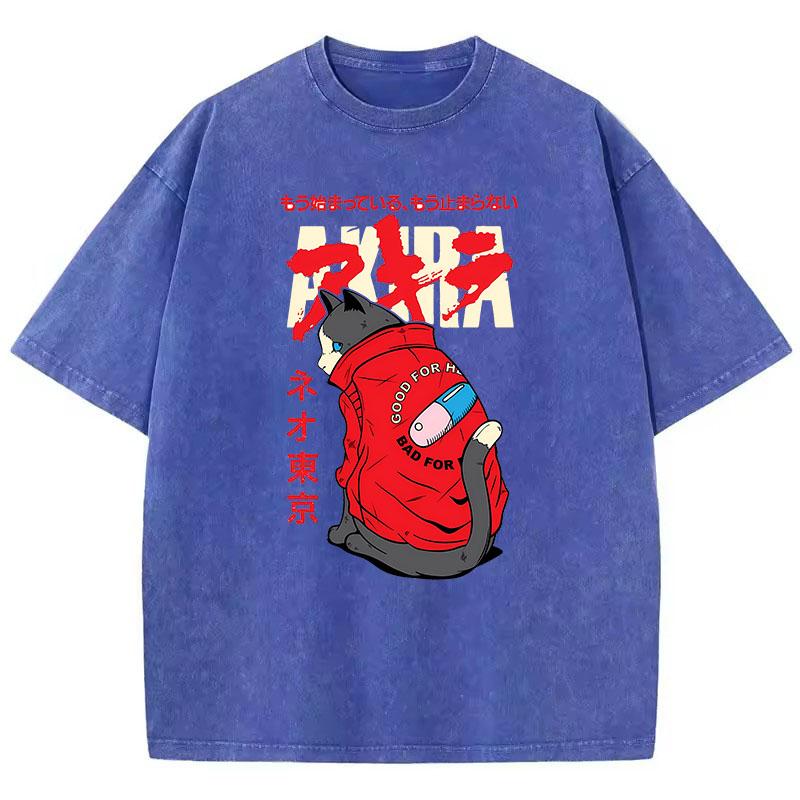 T Shirt Vintage Washed Cotton T-Shirt Japanese Anime Akira Tokyo Cat Graphic Tee Casual Streetwear Spring Summer